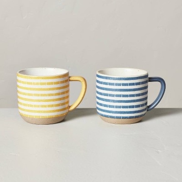 Hearth & Hand Other - Hearth & Hand Stoneware Stripe Mugs Set of 2 Coffee Cups Yellow Navy Blue